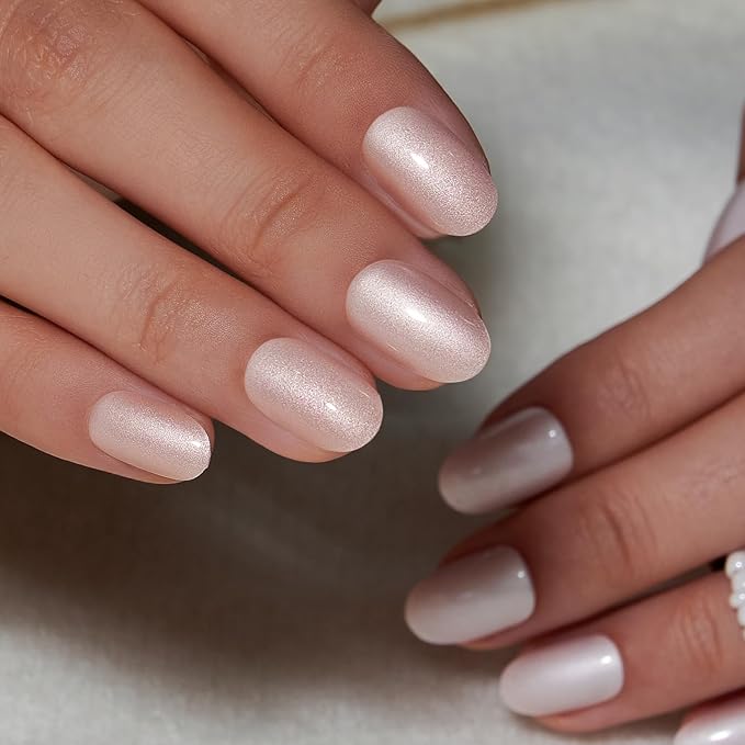 Curvlife Short Oval Press On Nails - Moonlight Pearly Shimmer Glossy White Pearl Press on Nails with Glue Natural Long Lasting Fake Nails False Nail Tips for Women