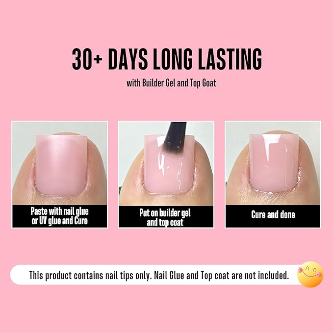 NOVO OVO Baby Pink Square Toe Nail Tips - 240Pcs Soft Gel Press on Toenails, Pure Color Light Pink Full Cover Fake Nails for Pedicure, PMMA Acrylic False Toe Nails Extension Kit (15 Sizes, Wide Fit)