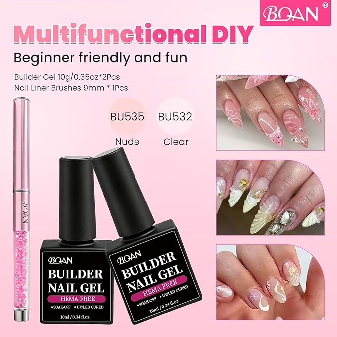 BQAN HEMA-Free Builder Gel, 7-in-1 Self-Leveling Nail Extension Gel with Base/Apex/Strengthener, Low Odor UV/LED Lamp Cured, 2Pcs Professional Nail Building System for Salon & Home (Clear & Nude Pink)
