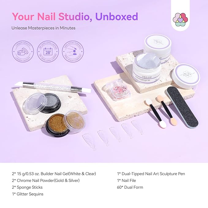 SAVILAND Advanced Non-Stick Solid Builder Nail Gel: Clear & White Instant Sculpting 3D Gels Non-Wipe Sculpting Gel for Nail Art Molding with Chrome Powder DIY Salon