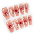 Sun&Beam Nails Handmade Long Coffin Ballerina Pink Gold False Nail Tips with Cute 3D Diamond Popular Charm Design Press On Nails 10 Pcs (#57 M)
