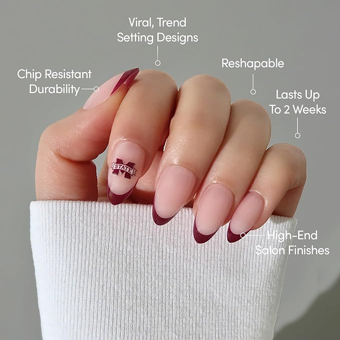 Glamnetic x Fanatics Press On Nails - Mississippi State Bulldogs | Short Almond Fake Nails, Collegiate Bulldogs Maroon French Tips, College Nails, Salon-Quality | 15 Sizes - 30 Nail Kit with Glue