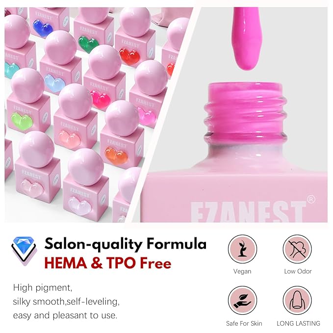 FZANEST 30pcs Gel Nail Polish Set, Professional HEAM-free TPO-free 10ml 26 Bright Colors DIY Gel Nail Set with Base Top Coat, Matte Top & Blooming – Pink Heart Shaped Bottles