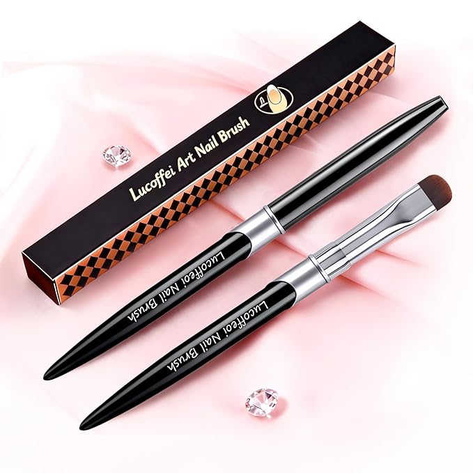 French Brush for Nails & Gel Polish Clean Up, Dual-Use Metal Handle Nail Art Brush with Cap for French Tips, Acrylic, Polygel | Professional Manicure Tool (Black)