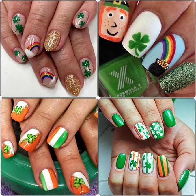 10 Sheets St. Patrick's Day Nail Art Stickers 3D Self-Adhesive Shamrock Nail Decals Green Clover Gold Hat Letter Designs Irish Nail Stickers St. Patrick's Day Nails Decor for Women Manicure Supplies