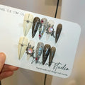 Gothic Black-Grey 3D Metallic Press on Nails Long Stiletto,Gems Chains Hand-Painted Fake Nails with Soft Gel,Halloween Party Vampire Nails,Edgy Rhinestone Y2K Nail Kit with Tools 10pcs(XS)