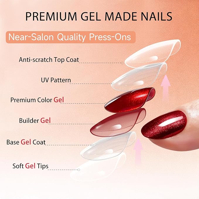 Cat Eye Press on Nails Short, Chrome Press on Nails Oval, Thick Glazed Dark Wine Red Fake Nails Press ons for Women Party Prom, Reusable Magnet Glitter Glue On Nails Almond in 15 Sizes, 30 Pcs