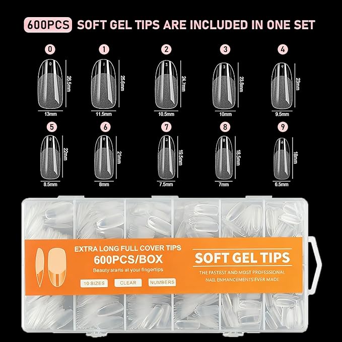 Long Oval Nail tips-Half matte nail extension tips kit full cover nail tip kit press on nails 600pcs 10 sizes pre-shaped nail tips set false nail tips kit for nails Salon Or Home DIY