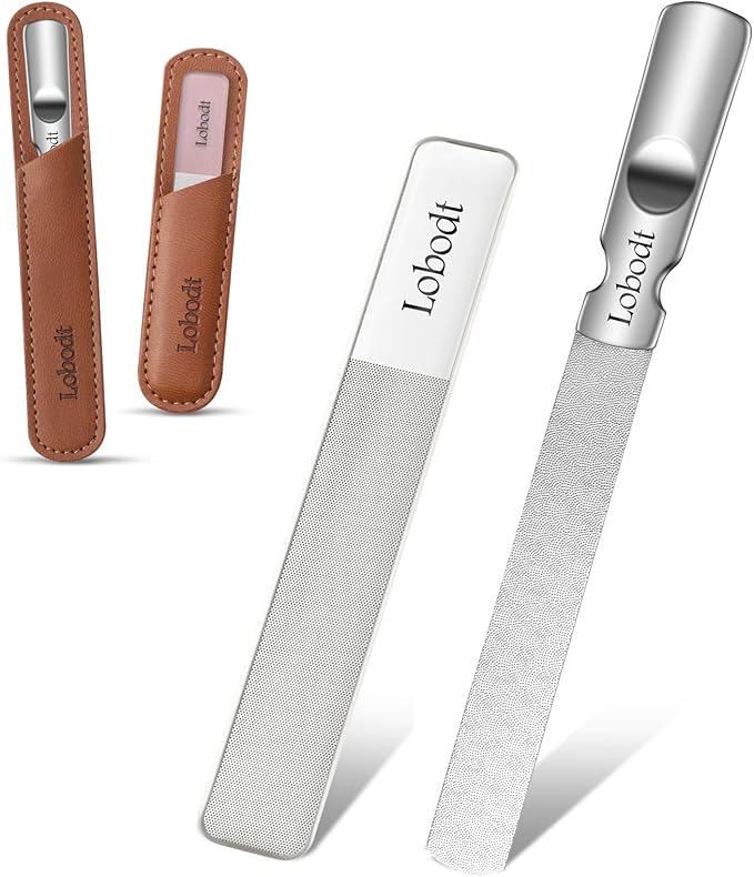 Glass Nail File - Stainless Steel with Anti-Slip Handle and Leather Case, Family or Travel Mini Nail File Suitable for Both Men and Women
