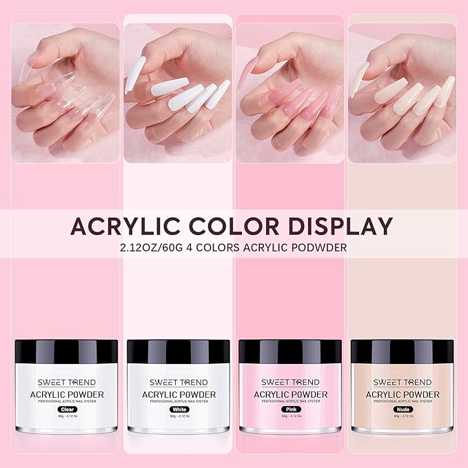 Acrylic Nail Powder: 60g Clear White Pink Nude Acrylic Powder Set Professional Acrylic Nail Powder Polymer Colored Nail Extensions Kit for Carving Nails