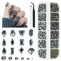 2052Pcs Black Diamond Nail Rhinestones Multi Shapes Crystals Flatback K9 Glass Dark Gray Stones Gems Round Beads Jewels Crystals Charms for Nails Face Eyes Makeup Shoes Crafts Tumblers Bottles