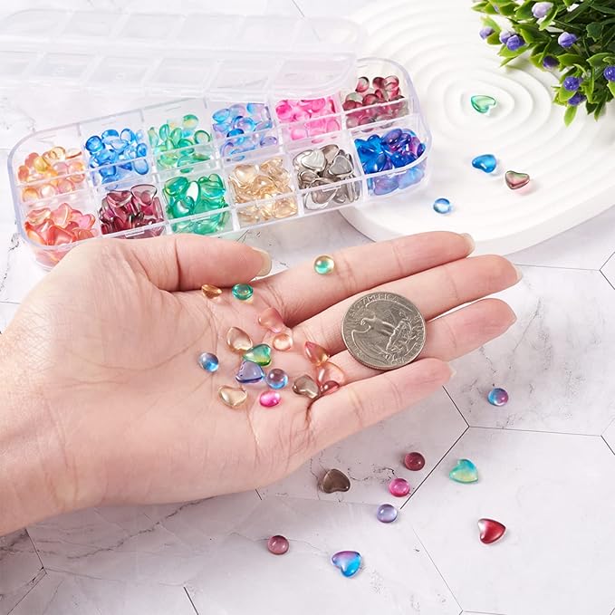 FASHEWELRY 240Pcs/Bag 3D Glass AB Color Nail Art Decoration Heart and Round Glass Cabochons Nail Art Studs for DIY Nail Art Decoration