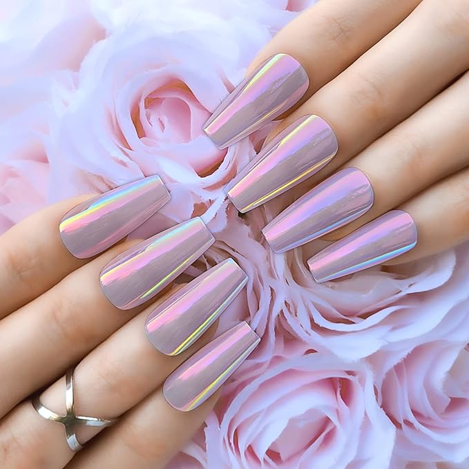 Hypnaughty 24 Pcs Mauve Chrome Coffin Medium Long Press On Nails and Glue Reflective Mirror False Nails (Mauve Chrome)