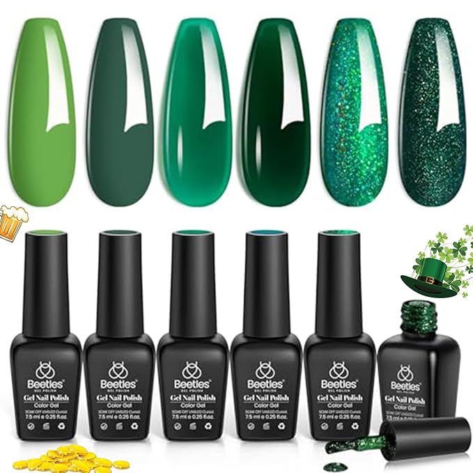 Beetles Green Gel Polish Set - 6 Color Spring Jelly Glitter Green Sparkle Gel Nail Polish Set, Soak Off UV Nail Lamp Avocado Dark Carnival Nail Art Design Home Salon St Patricks Gifts for Women