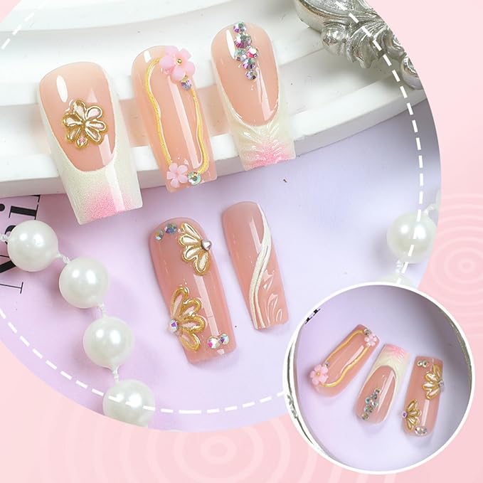 Long Press on Nails Square Fake Nails Pink Artificial Nail Flowers Stick on Nail for Women 24pcs