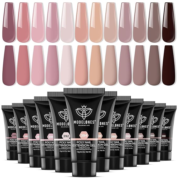 modelones Poly Nail Gel Set - 12 Colors 15g Nude Pink Brown Tone All Seasons Poly Nail Extension Gel Kit Trendy Art Design Professional Salon at Home Holiday Gift for Girl