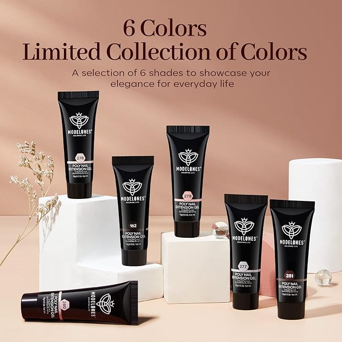 Modelones Poly Nail Gel, 6 Colors Nude Skin Tones Pink Neutral Brown Collection Poly Extension Gel Set Builder Manicure DIY Design Nail Art Home Salon Beauty Gift