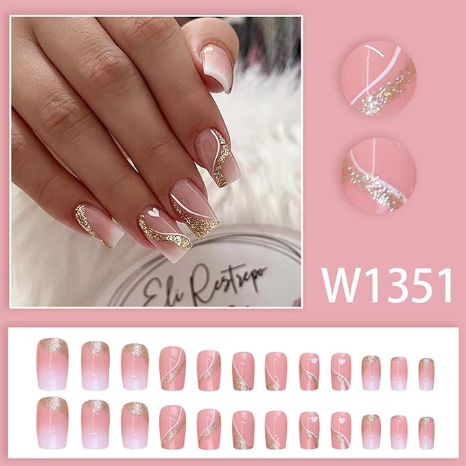 Press on Nails Medium Square Fake Nails Gold Glitter False Nails with Design Heart Curve Glue on Nails Gradient Pink Full Cover Acrylic Stick on Nail Reusable Artificial Nail for Women Manicure 24Pcs