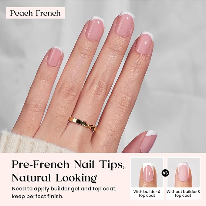 Beetles X Press Plus French Tip Nails - Peach French | Pink Extra Short Square Press On Nails | 15 Sizes 210 Pcs Natural Salon Quality Gel Nail Tips