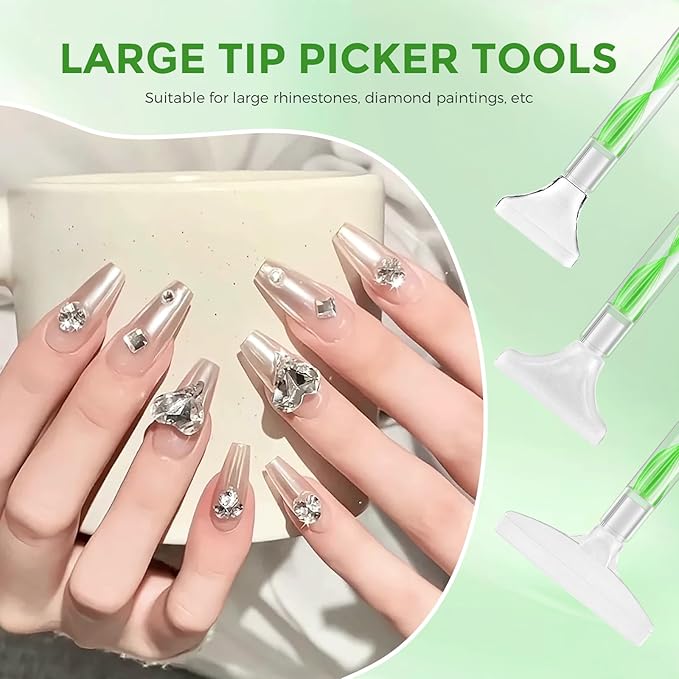 Rhinestone Picker Tool Kit: 2Pcs Rhinestone Picker Handle, Dual-Ended Rhinestones Applicator Bedazzling Tools Pen with 12 Upgraded Plastic Replacement Tips, Clay Nail Art Craft (Green)