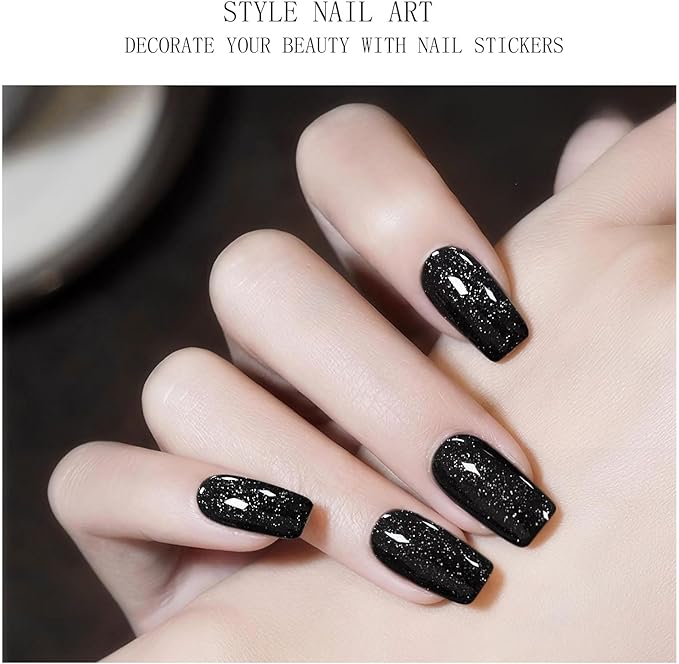 JMEOWIO Gel Nail Stickers Black Glitter Halloween Semi Cured Gel Nail Strips Wraps UV/LED Nails Art Design Decoration Accessories