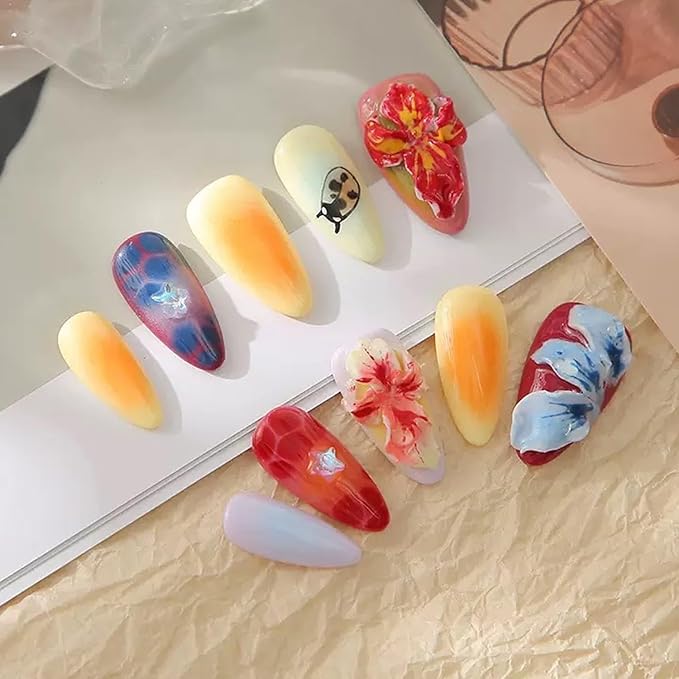 Handmade Press on Nails Medium Almond Nails Thick Fake Nails with Glue,Colourful False Nails with 3D Tropical Flower Art Design Acrylic Nails Nature Stick on Nail for Wome (Size M)