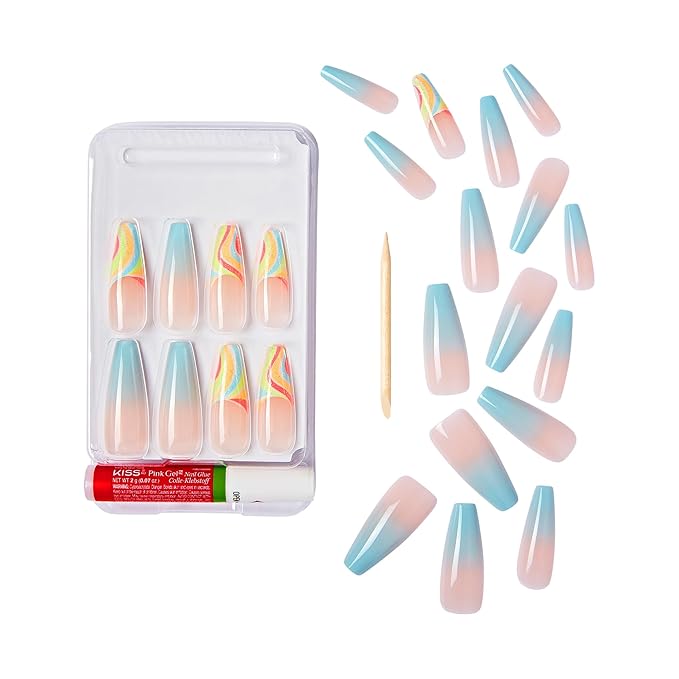 Goldfinger Trendy False Nails Kit, X-Long Coffin Design Nail, Fantasy French Tip Sky Blue Print, Ready to Wear Gel & Manicure Stick Included, Long-Lasting Convenient & Easy to Apply