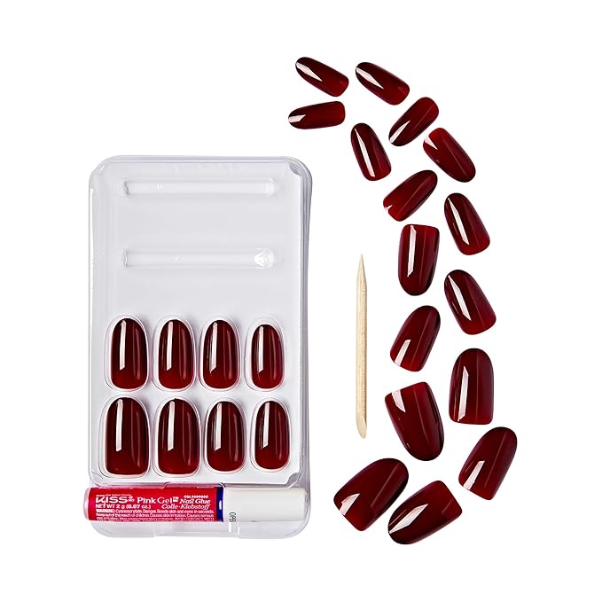 GoldFinger 24 Pcs Press On Nails, Medium Oval Fake Nails, Classic Red Gel Stick On Extensions, Reusable DIY Full Cover False Nail Kit with Glue, Manicure Stick & File, 7 Day Long Lasting Wear