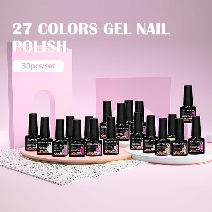 MEET ACROSS 27PCS Gel Nail Polish Set,27 Colors Gel Nail Kit Art Design Soak Off UV LED,Nail Art Design Gifts for Women