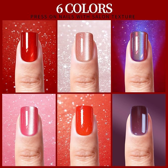 FANDAMEI Red Press on Nails, 6 Colors Cat Eye Press On Nails Short Square, Glossy Red Cat Eye Nails for Women Salon Quality, Natural Fit Fake Nails Fine Diamond Shine, Glitter Nails Kit for Festival