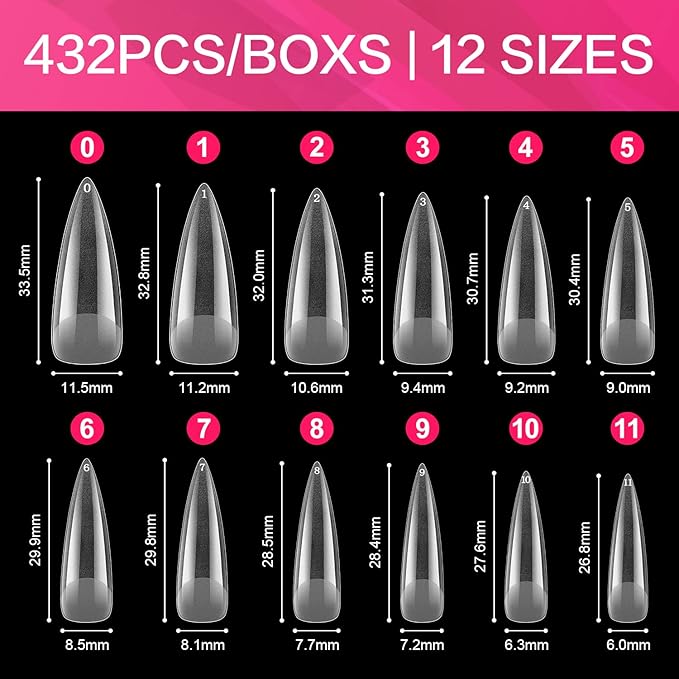 AIMEILI Long Stiletto Gel Nail Tips 432PCS Pre-buff Almond Fake Clear Nails Full Cover, Acrylic False Press on Nails with Box for Nail Art Salon and Home DIY, 10 Sizes