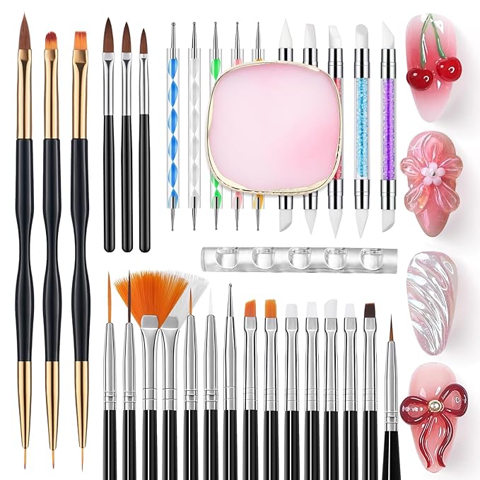 Quaferen Nail Art Brushes 34PCS Dual End Nail Dotting Tools Striping Liner Brushes Silicone Sculpture Brushes Gel Nail Polish Brush with Brush Holder Color Palette for Beginners DIY Salon Home