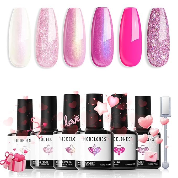 modelones Pink Glitter Gel Nail Polish Set, 6 Colors Valentine's Day Hot Pink Tones Sparkle Pink Shades Shimmer Cat Eye for Women Girl Nail Lovers Gift Salon DIY Nail Art Gel Nail Kit