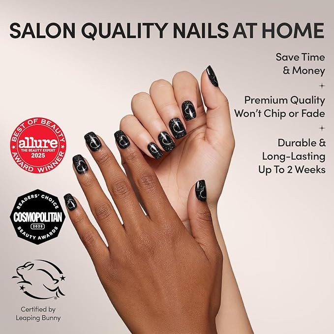 Valentines Day Glamnetic Press On Nails - Midnight Romance | Short Squoval Black Fake Nails with Magnetic Cat-Eye Design & Finish, Salon Quality | 15 Sizes - 30 Nail Kit with Glue