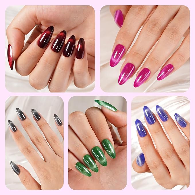 Cat Eye Press on Nails Medium Almond, 240Pcs Soft Gel Fake Nails, Glossy Glitter Cat Eye Nail Tips for Women and Girls Stick On Nails in 12 Sizes
