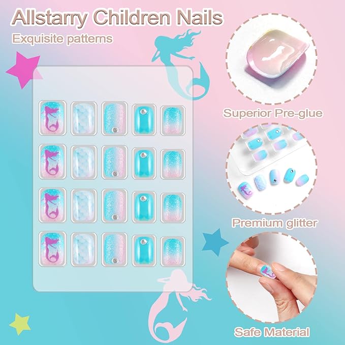 Allstarry 124 Pieces 6 pack Children Nails Press on Pre-glue Full Cover Blue Mermaid Short False Nail Kits Lovely Gift for Children Little Girls Nail Art Decoration (Glittering Ocean)