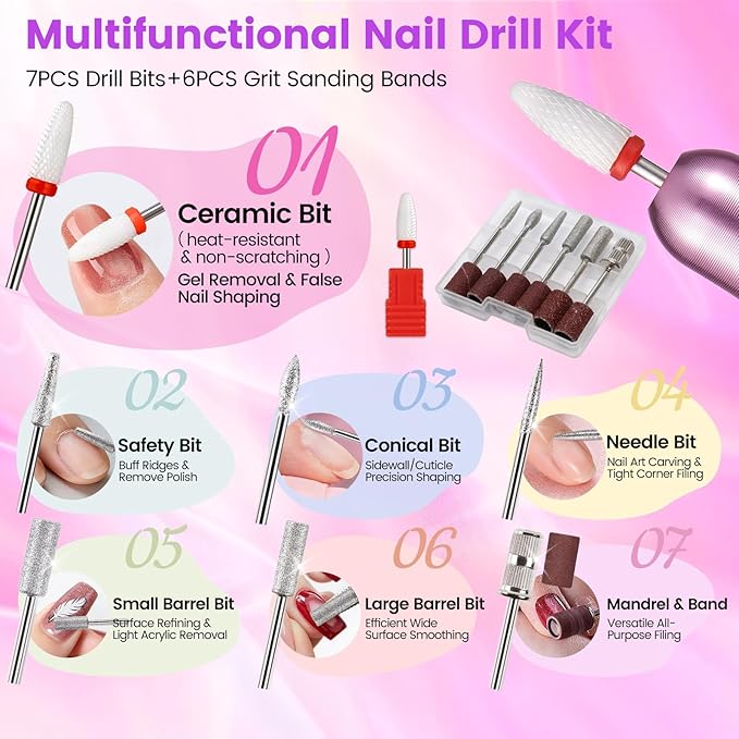 Nail Drill Kit with Dust Collector: Electric Nail File Drill Nails Machine Professional 20000RPM Nail Grinder for Acrylic Gel Removal Manicure Pedicure Tool in Cosmetic Bag Salon Home