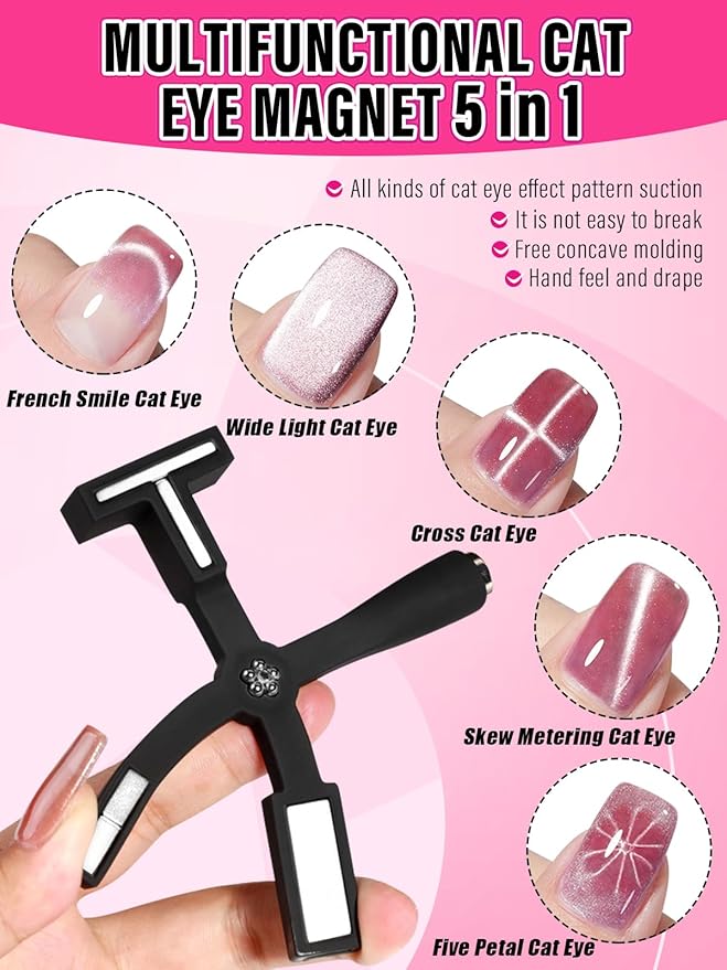 TOROKOM Cat Eye Magnet for Nails, 2-Pack 5 in 1 Nail Magnet Long Double-head Nail Polish Magnet Pens for Nail Art, Strong 3D Magnetic Nail Polish Magnets Nail Design Tools, Black