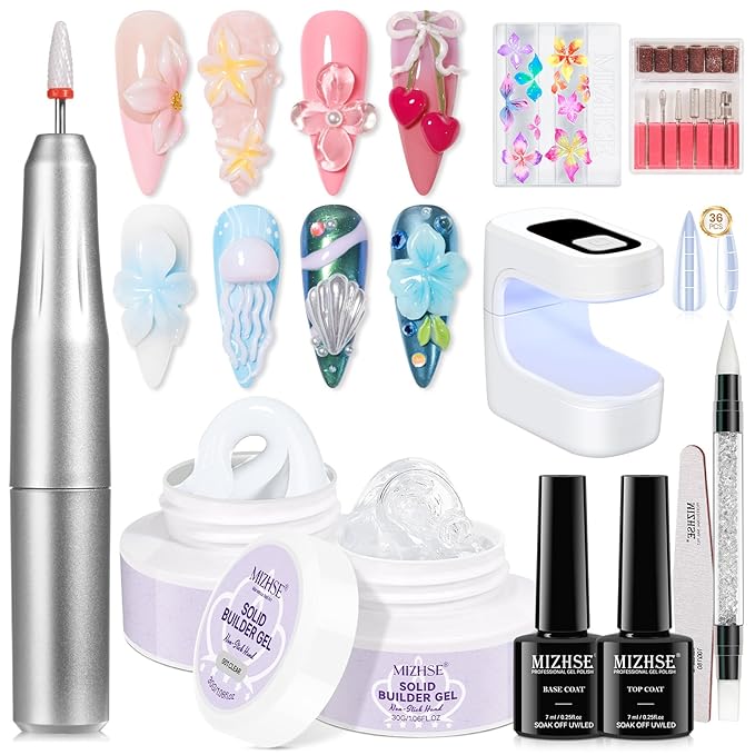 MIZHSE Solid Builder Nail Gel Kit with Nail Drill, Clear White 3D Sculpting Gel for NailS Art with U V Lamp Brush for Nails Extension Home Salon DIY Manicure