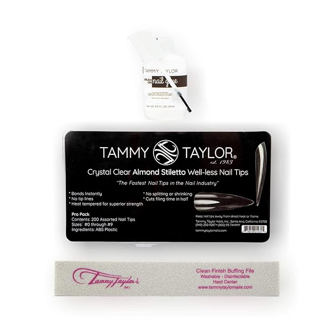 Tammy Taylor Stiletto Acrylic Nail Tip Extensions | Tapered Full Coverage, Natural Lightweight, Long Lasting, Professional C Curve Clear Nail Tips | Press on Nails Almond Stiletto Style | Nail Tip Kit