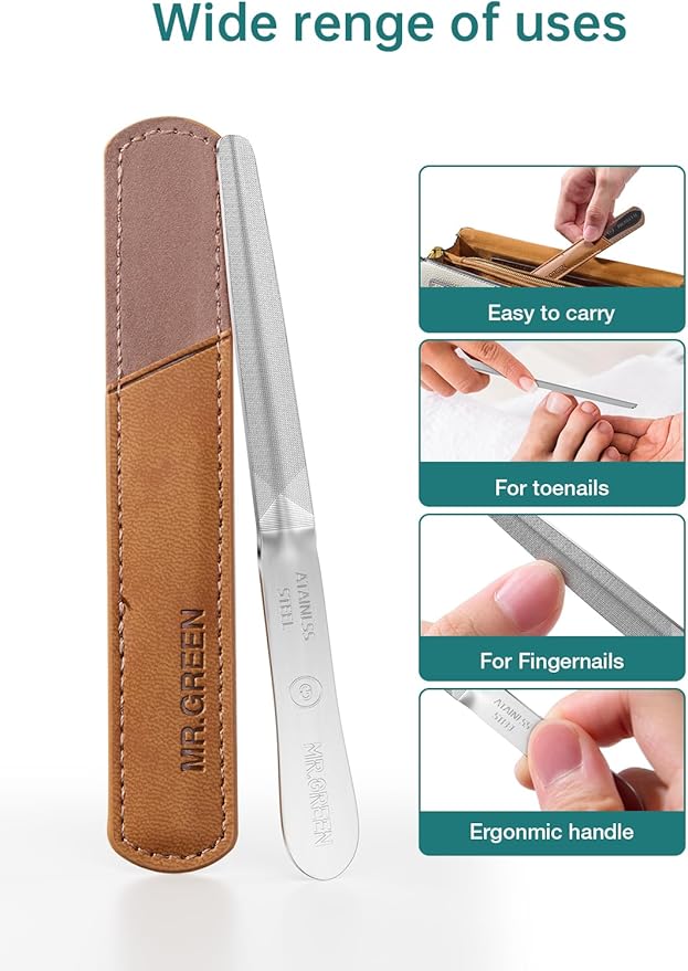 MR.GREEN Curved Nail File – Double-Sided Metal Nail File for Men & Women with Protective Travel Case, Ergonomic Anti-Slip Handle, Washable & Reusable, for Fingernails & Toenails