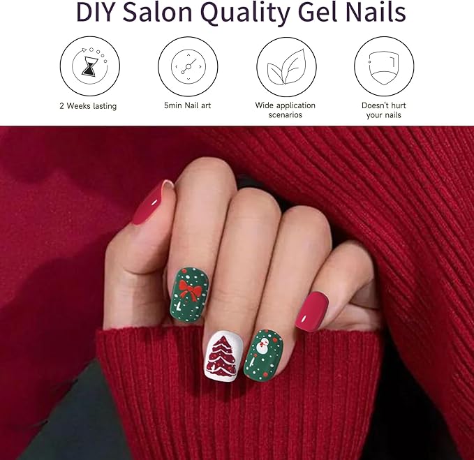 Semi Cured Gel Nail Strips, 28Pcs Christmas Nail Stickers/Wraps, Long Lasting UV Nail Polish Strips for Adults(Snowman Christmas Tree)