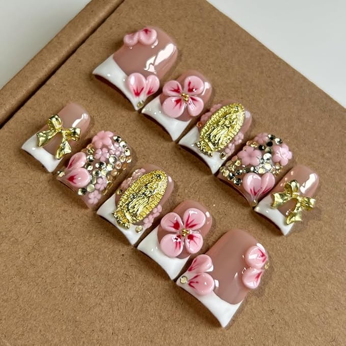 Press On Nails Handmade Short Duck Nails, Glossy Art Designs Reusable Acrylic Artificial Stick On Nails, 10 Pcs False Nails Set (Size L)