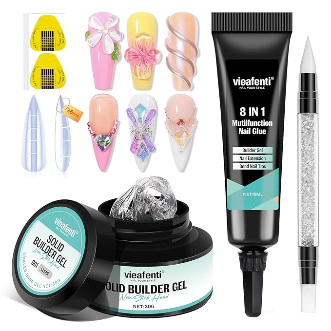 Solid Builder Gel for Nails and 3D Sculpting Nail Gel Set for Extensions, Sculpture, Designs, Chrome Powder, Rhinestones - Soak Off UV/LED for Salon Home DIY