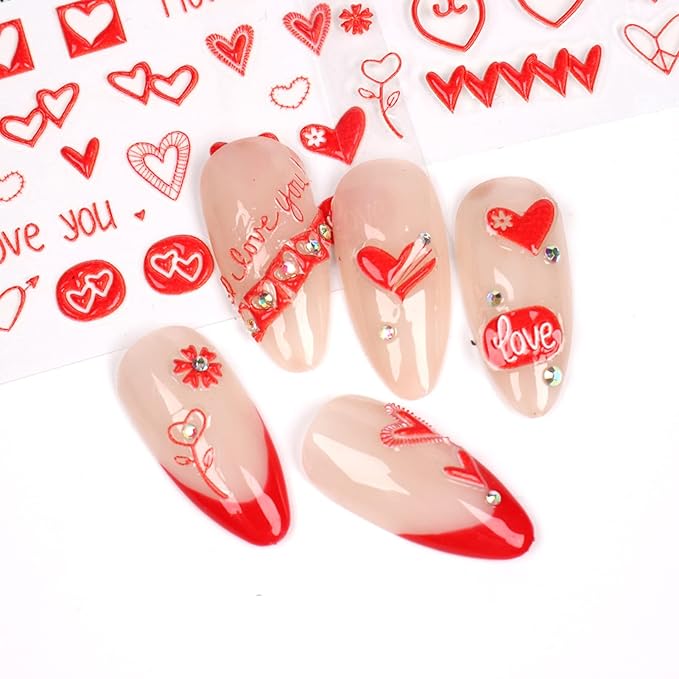 4 Sheets Valentine's Day Nail Art Sticker Decals, 5D Heart Embossed Self-Adhesive Nail Art Decoration Supplies Accessories for Women Girl