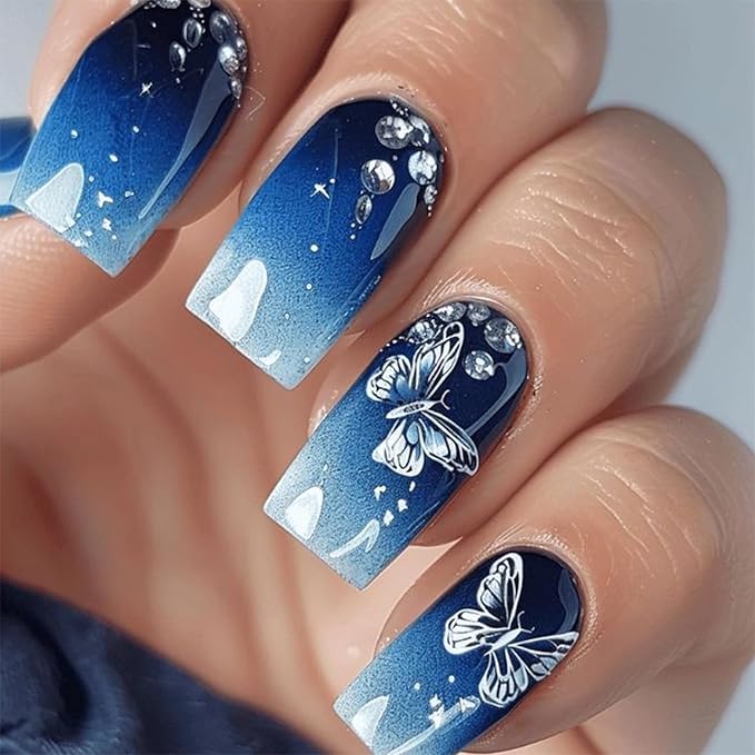 MISUD Press on Nails - Long Square Fake Nails with Blue Ombre, Acrylic Butterfly Design 24 pcs