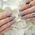 Hypnaughty 24 Pcs Beige Ballerina Press On Nails with Glue Medium Short Length Fake Nails with Glitter Design Glossy Acrylic Press On Nails Full Cover (Beige)