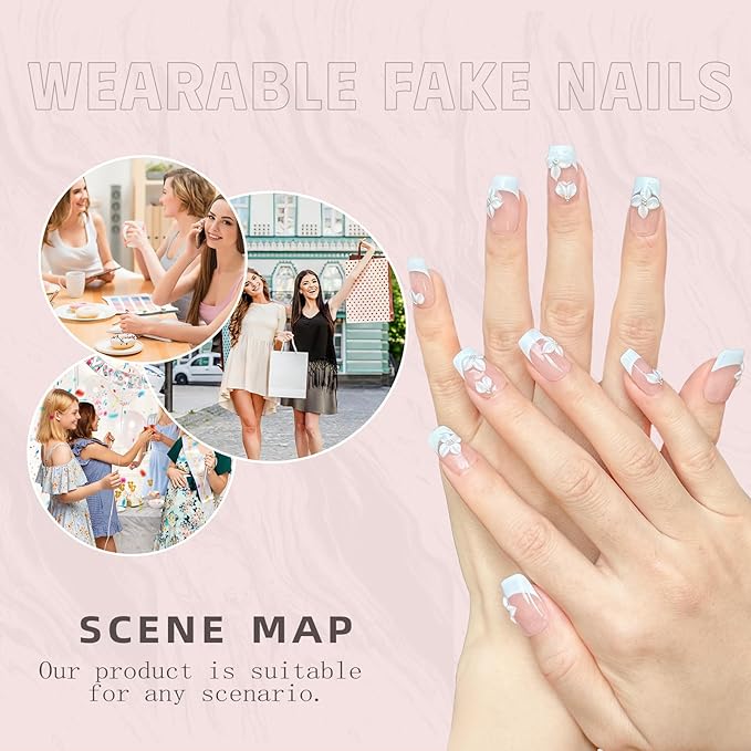 Handmade Press on Nails Short Coffin - French Tip Acrylic Fake Nails with 3D White Flower Designs, Elegant & Simple False Nails, Salon-Quality DIY Nail Art（S-10PCS)