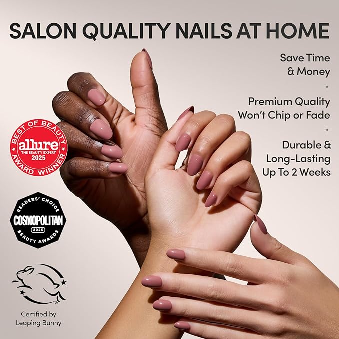 Glamnetic Press On Nails - Fall Mauve Fake Nails | Opaque Muted Blush Mauve Short Oval Fake Nails, Salon Quality | 15 Sizes - 30 Nail Kit with Glue