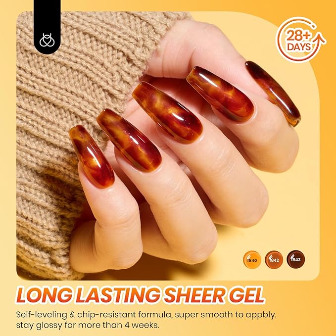 Beetles Gel Nail Polish Set – Amber Chic Jelly Gel Polish with Blooming Gel for Marble Effects, 6 Colors Yellow Red Brown Gray Translucent Soak Off UV LED Autumn Nail Art